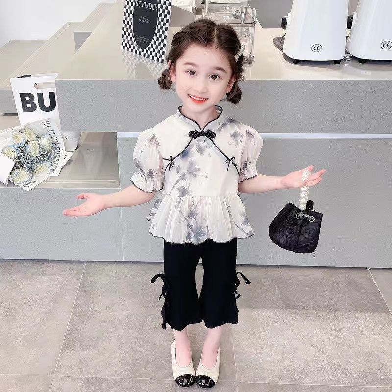 女童夏季套装女宝宝汉服洋气中国风旗袍短袖儿童装喇叭裤两件套