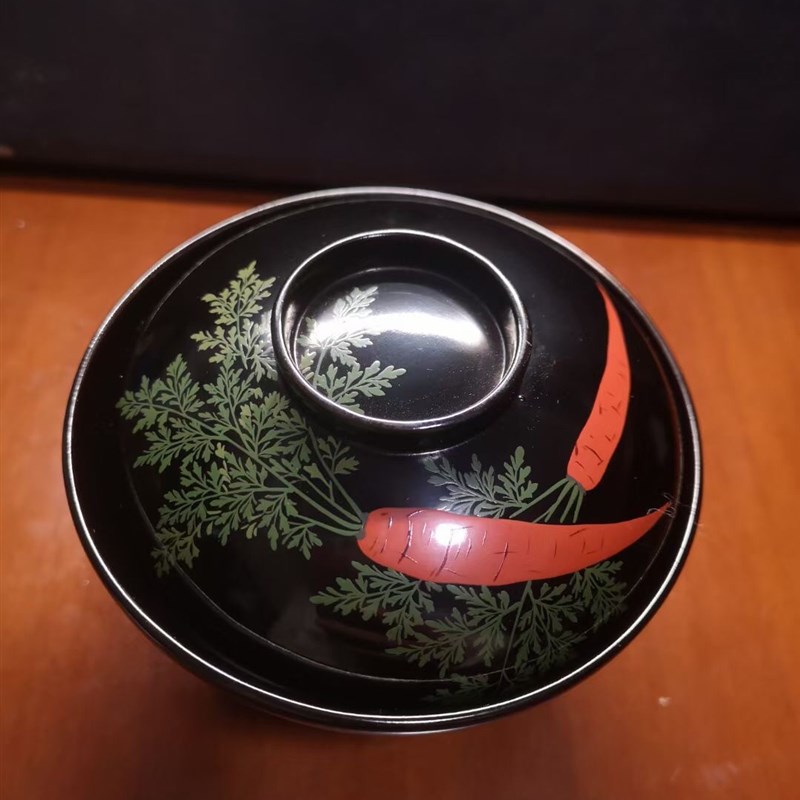 轮岛塗莳绘漆器盖碗 木胎手绘 萝卜 茶亦居古美术LJ-1
