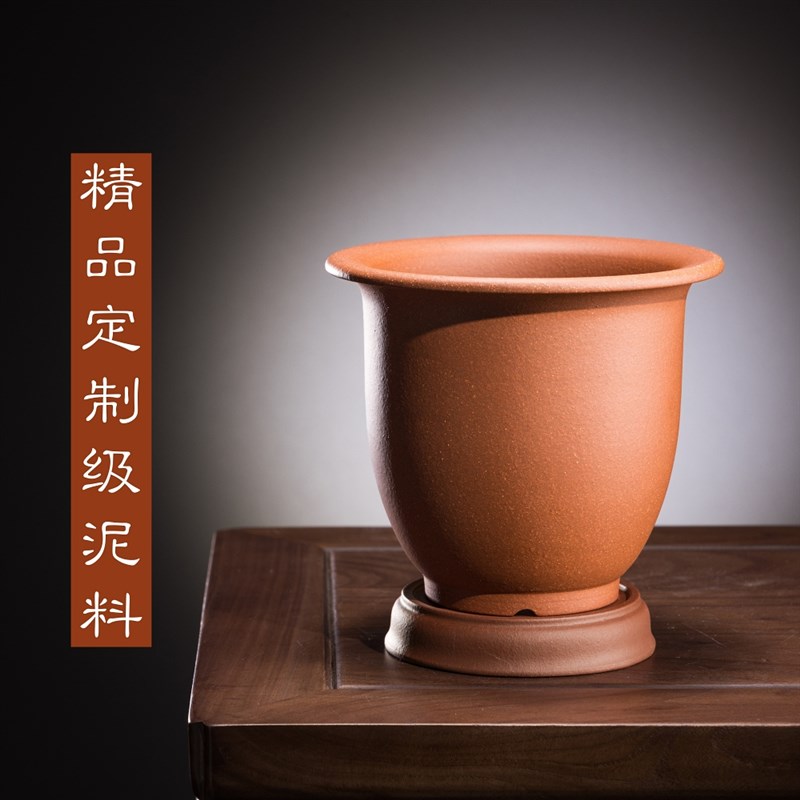 新款促销精品定制级泥料制作五道素精品李记带底座托盘紫砂小圆盆