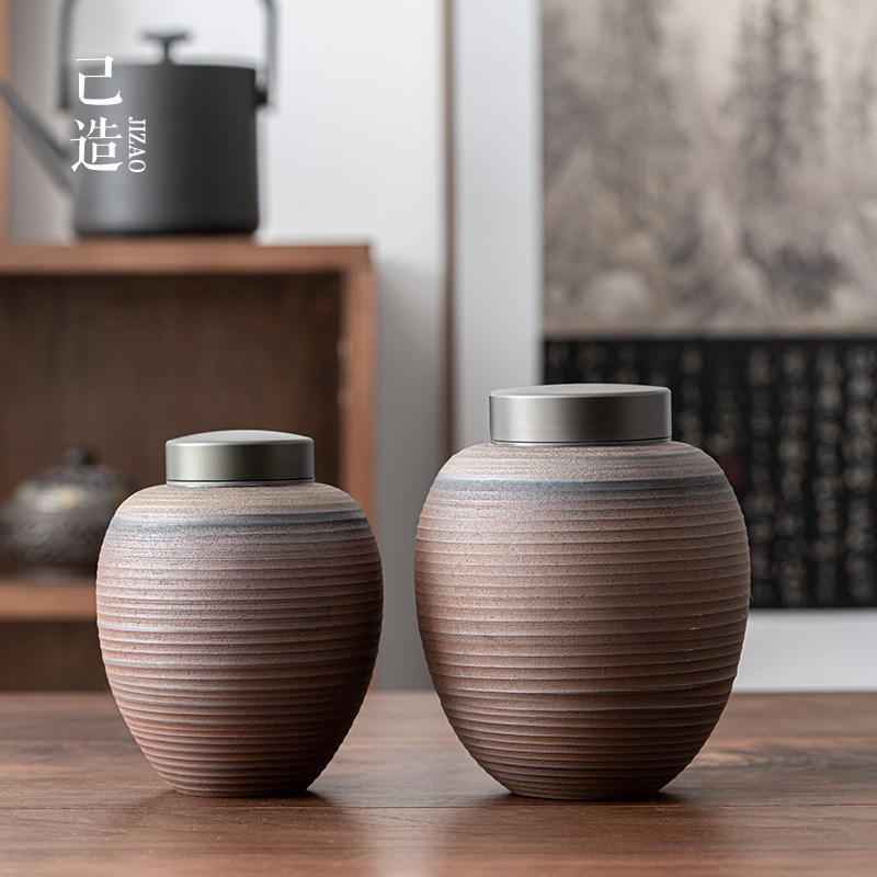 己造 粗陶茶叶罐中式复古醒茶罐陶瓷存茶盒密封盖吸力盖家用