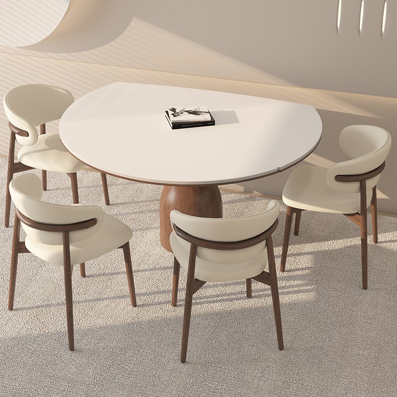 可伸缩实木岩板餐桌小户型家用奶油中古风方圆两用高级感吃饭桌子