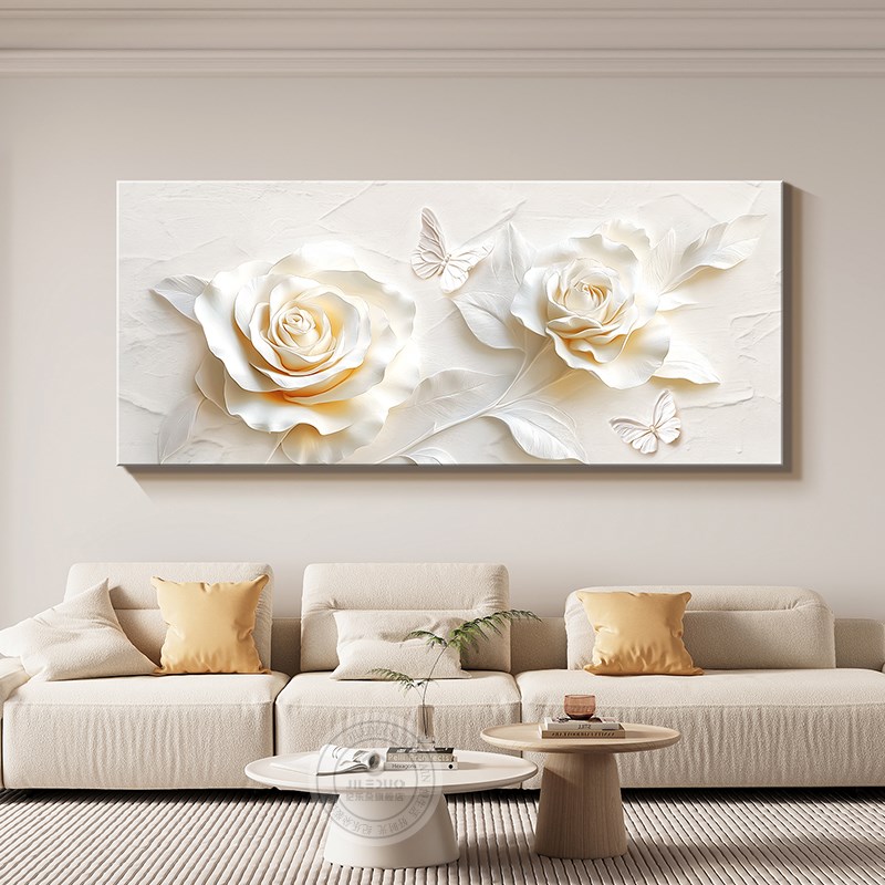 奶油风客厅装饰画玫瑰花卉沙发背景墙挂画新款大幅横版肌理感壁画图片