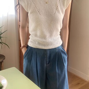 韩版设计感后腰系带小衫甜辣无袖露腰镂空心机小个子针织冰丝上衣