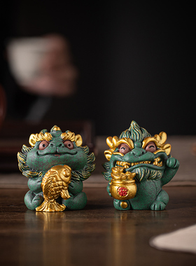 国潮貔貅瑞兽锦鲤聚宝盆手绘工艺品摆件桌面装饰品店铺开业伴手礼