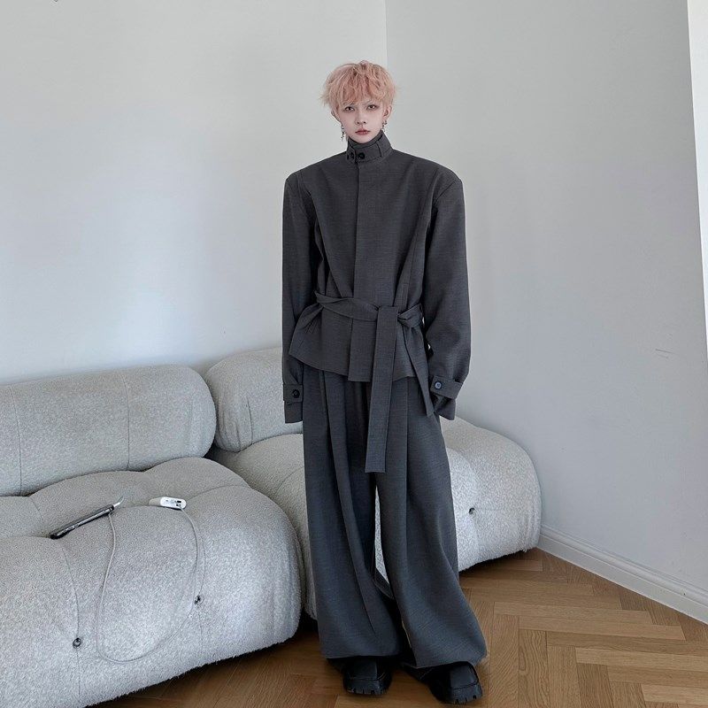 2025春装时尚立领垫肩夹克外套男套装宽松腰带设计感阔腿裤两件套,男装,时尚套装,淘宝优惠券,粉丝福利购,淘宝优惠卷