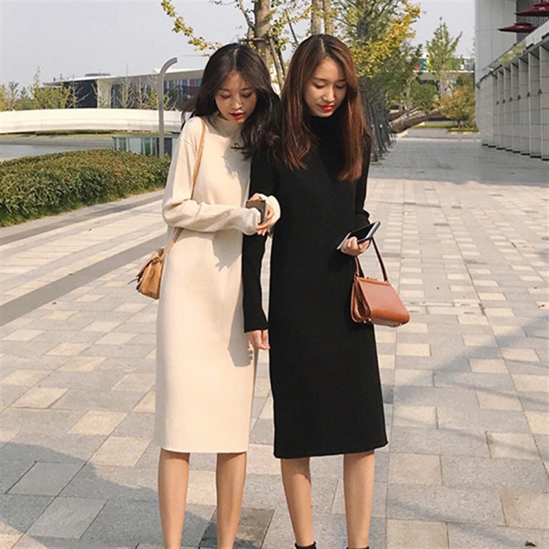 2021秋冬新款中长款宽松套头半高领打底毛衣裙过膝针织女装连衣裙