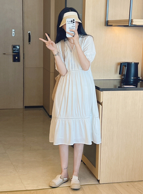 白色连衣裙女夏季2022新款法式泡泡袖镂空宽松V领a字长裙茶歇裙