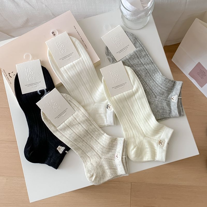 春夏卡通小熊提花可爱船袜 日系学院风纯色网眼透气薄款无骨短袜