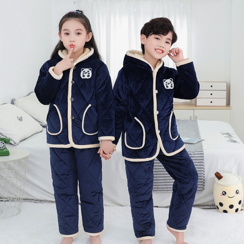 冬季儿童睡衣加厚款珊瑚绒加绒夹棉男童女童男孩法兰绒家居服冬款