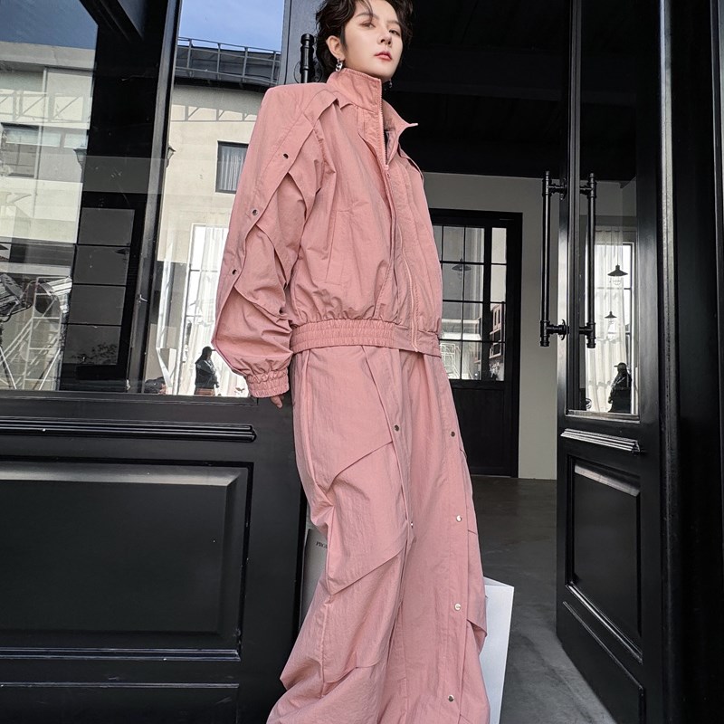 2024春季时尚小众结构设计感立领夹克男层次皱褶阔腿长裤两件套潮