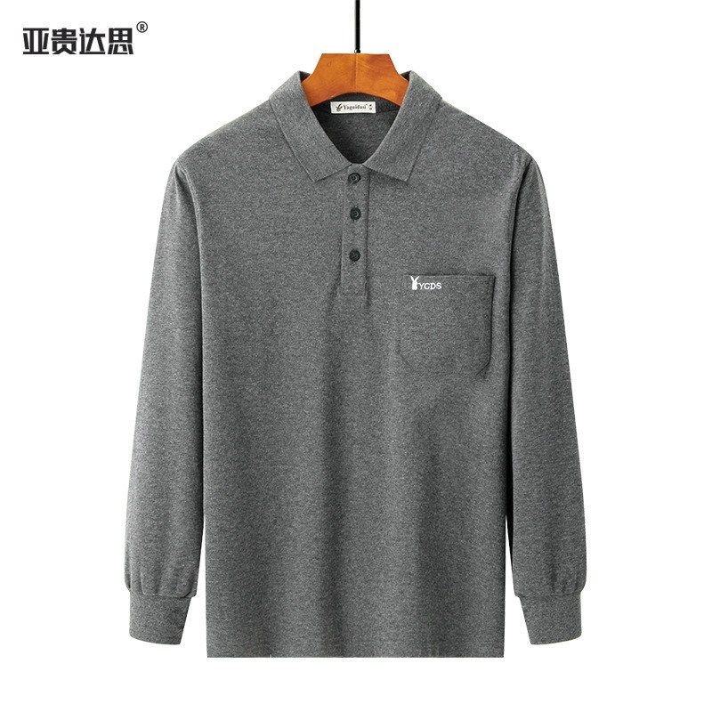 爸爸装秋冬装上衣服中年长袖T恤加厚纯棉真口袋中老年男装打底衫