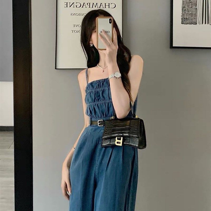 牛仔连体裤女夏2023新款露肩小个子阔腿连衣裤套装收腰吊带连体衣