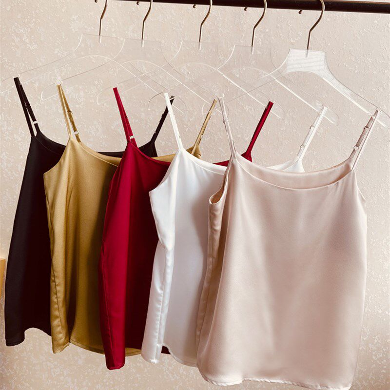 可调节肩带真丝吊带背心女外穿夏季西装内搭打底白色缎面宽松上衣