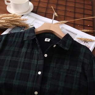 小个子小码中性男女文艺纯棉打底衬衫格子双层棉纱长袖衬衣