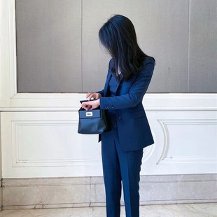 秋季新款青灰色三件套修身显瘦西装套装女西服外套职业时尚装