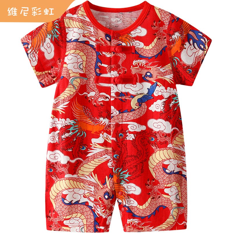 婴儿衣服夏季红色宝宝满月百天短袖连体衣薄款竹纤维周岁礼服男孩