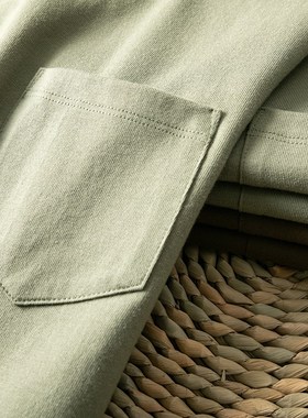 草绿色日系270g重磅纯棉短袖t恤纯色复古带口袋休闲上衣男女款tee