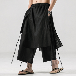 汉服 演出服休闲八分裤 中国风宽松亚麻裙裤 男假两件复古棉麻休闲裤