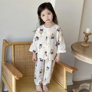 韩国儿童泡泡纱布家居服纯棉春夏款男孩女童网红宽松洋气睡衣套装