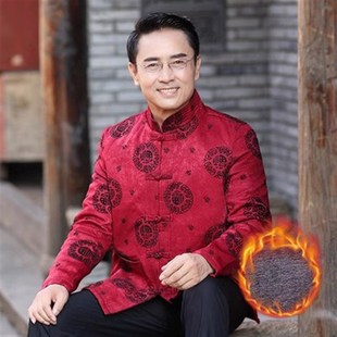 a01加厚唐装 m12中国风中老年男节日礼物祝寿喜庆秋冬装 加绒爸爸装