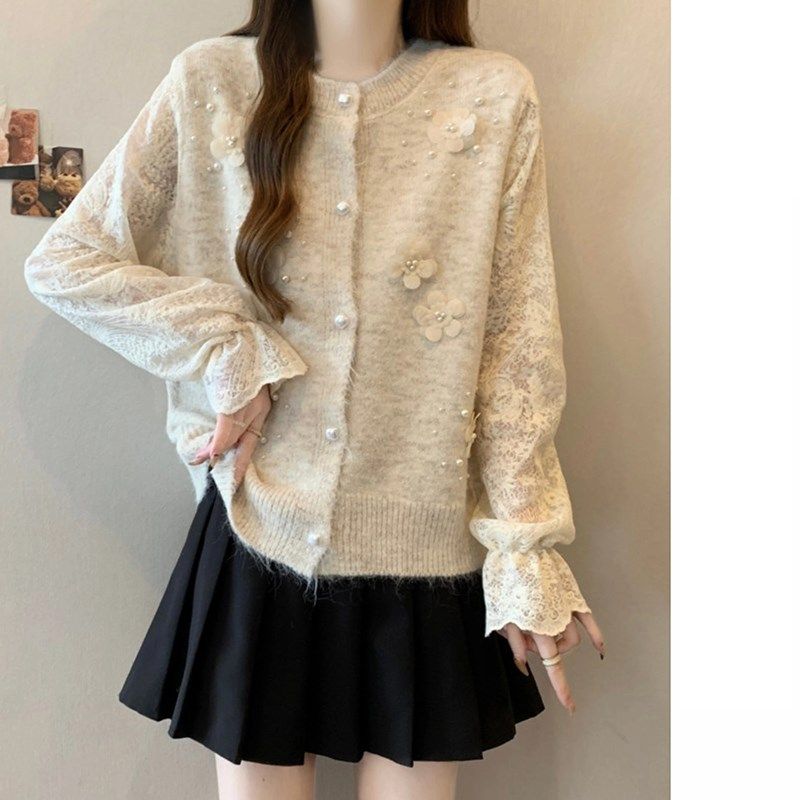 法式花朵钉珠毛衣外套女2025春季新款灰色假两件蕾丝针织开衫上衣