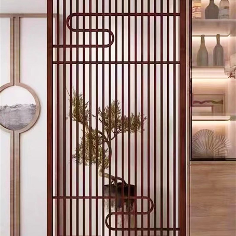 中式办公室仿古木纹铝屏风隔断定制入户玄关客厅铝合金挂落格栅
