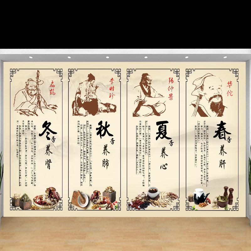 中医养生馆背景装饰画春夏秋冬四季养生图门诊院壁画定制墙纸