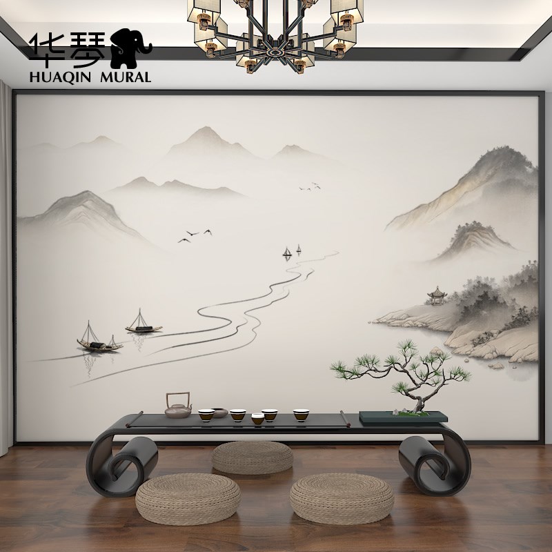 新款新水墨山水壁纸客厅沙发电视背景墙壁布壁布壁画定制