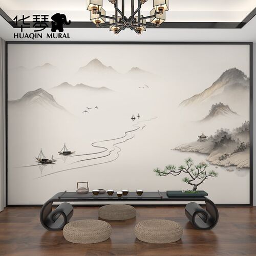 新款新水墨山水壁纸客厅沙发电视背景墙壁布壁布壁画定制