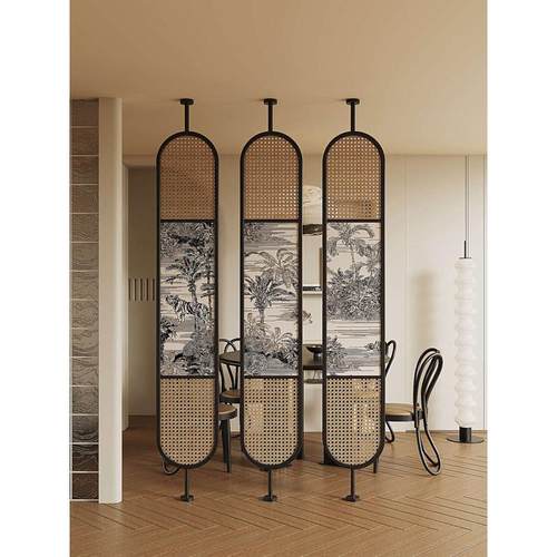 法式中古藤编屏风隔断客厅可旋转入户家用实木酒店餐厅背景墙装饰