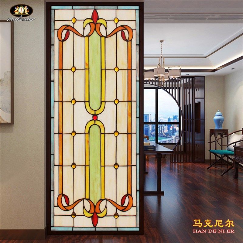 定制欧式镶嵌过道吊顶玄关隔断屏风门窗复古装饰彩色教堂艺术玻璃
