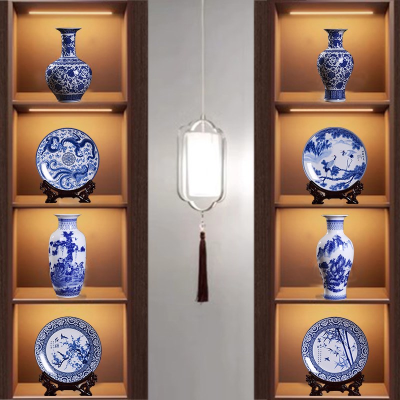 新中式茶室酒店博古架壁柜高档复古装饰品青花陶瓷器花瓶插花摆件