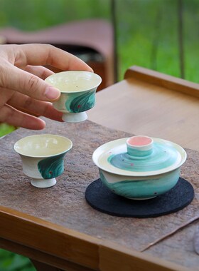 不觉茶舍景德镇手工盖碗牧渔小乔化妆土创意设计不烫手功夫茶具