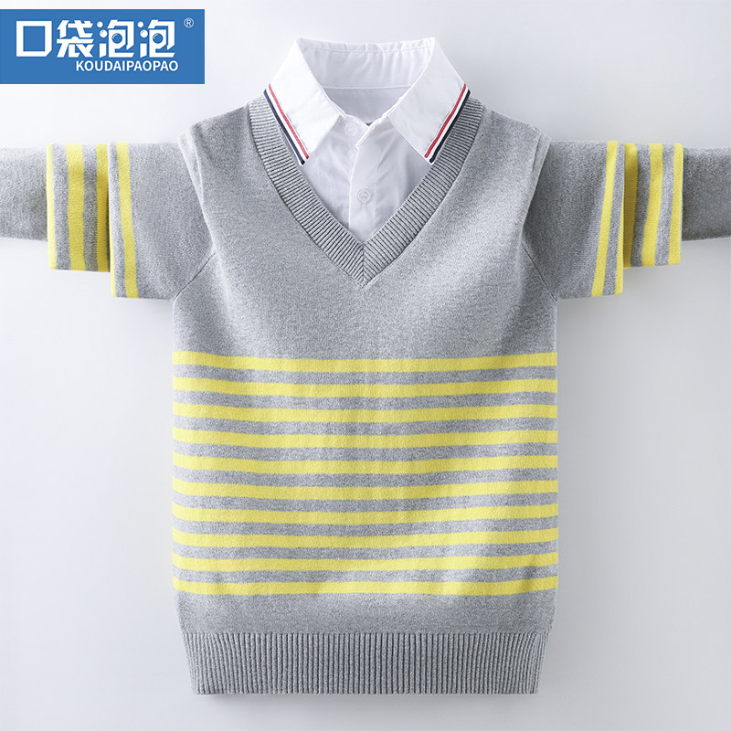 男童假两件毛衣中大童2022秋新款薄款打底衫洋气衬衫领针织线衣潮