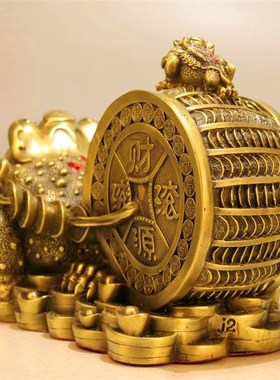 纯黄铜金蟾聚宝盆蟾蜍铜蟾蜍拉铜钱三足铜金蟾开业桌面礼品办公室