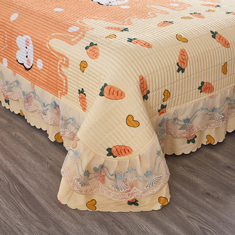 水晶绒床盖四季通用床单卡通夹棉绗缝床裙大花边防滑不跑床可机洗