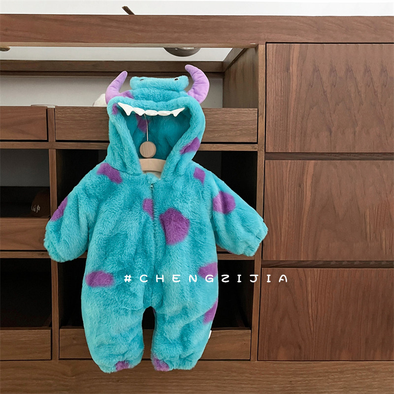 冬季婴儿衣服可爱超萌小怪兽卡通睡衣宝宝加绒爬服加厚保暖连身衣