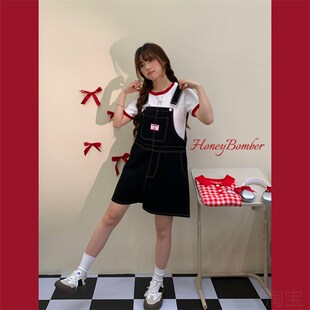 甜酷樱桃显瘦黑色波点盐系背带裤女夏季宽松复古阔腿牛仔裤子短裤