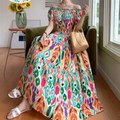 棉绸碎花一字肩短袖 波西米亚沙滩裙大摆人棉套头两穿长款 连衣裙