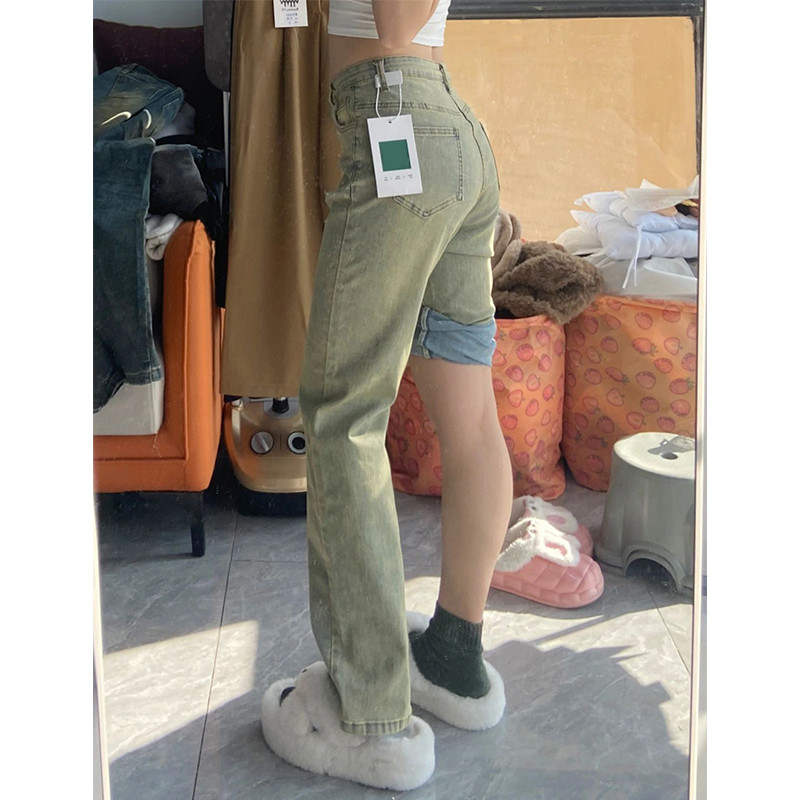 美式黄泥染直筒牛仔裤女2023新款胖妹妹mm高腰显瘦梨形身材阔腿裤,女装/女士精品,大码裤装,淘宝优惠券,粉丝福利购,淘宝优惠卷