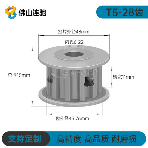 T5-28齿 同步轮 T528齿 AF型 槽宽11/17 同步皮带轮 孔6-22齿轮