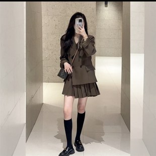 新款 套装 学院风假两件拼接西装 高级感职业西装 裙 百褶连衣裙 秋季