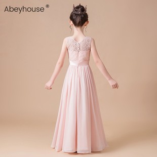 女童晚礼服长款钢琴演出服小女孩生日公主裙儿童音乐会粉色花童裙