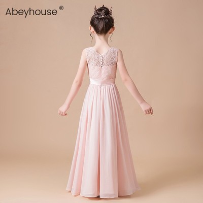 女童晚礼服长款钢琴演出服小女孩生日公主裙儿童音乐会粉色花童裙