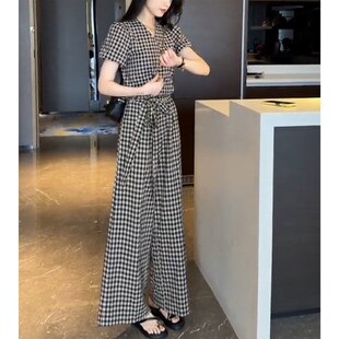 2024夏季新款小个子复古显瘦格子短袖上衣阔腿裤子休闲两件套装女