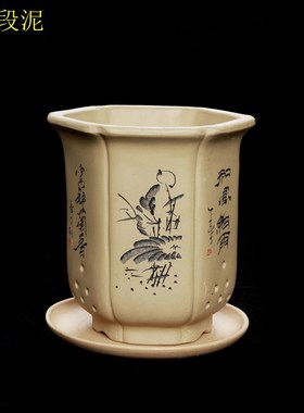 宜兴新款黑色款古典紫砂陶瓷兰花盆君子兰吊兰盆栽抽角六方宫灯