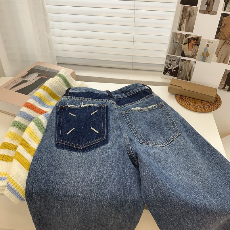 设计感撞色拼接高腰阔腿牛仔裤女2023春季新款时髦流苏毛边直筒裤