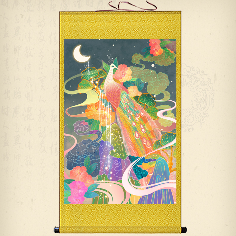 花开富贵孔雀图挂画客厅玄关装饰丝绸画国画花鸟图卷轴画可定制图片