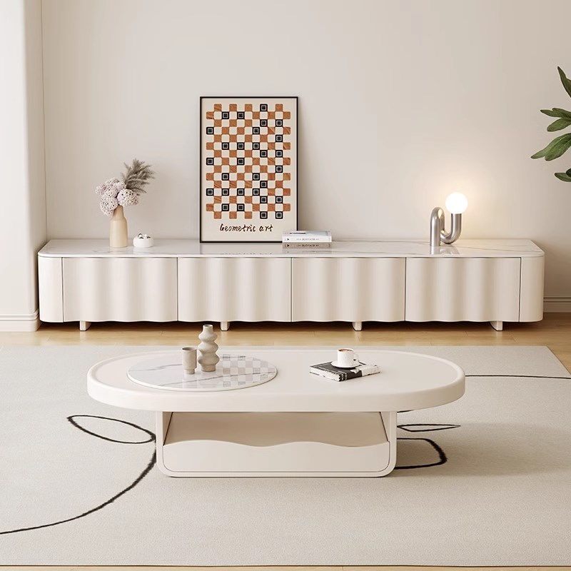 法式奶油风白色岩板电视柜茶几组合轻奢客厅家用小户型储物落地柜