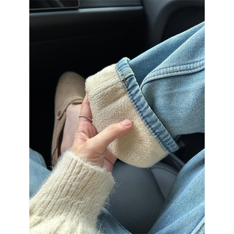 加绒加厚直筒牛仔裤女冬季新款胖妹妹mm梨形身材宽松显瘦阔腿长裤